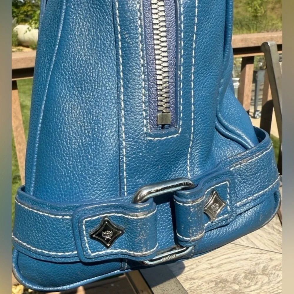 MCM Vintage Luxury Blue Leather Satchel Boston Bag with Silver Accents GUC